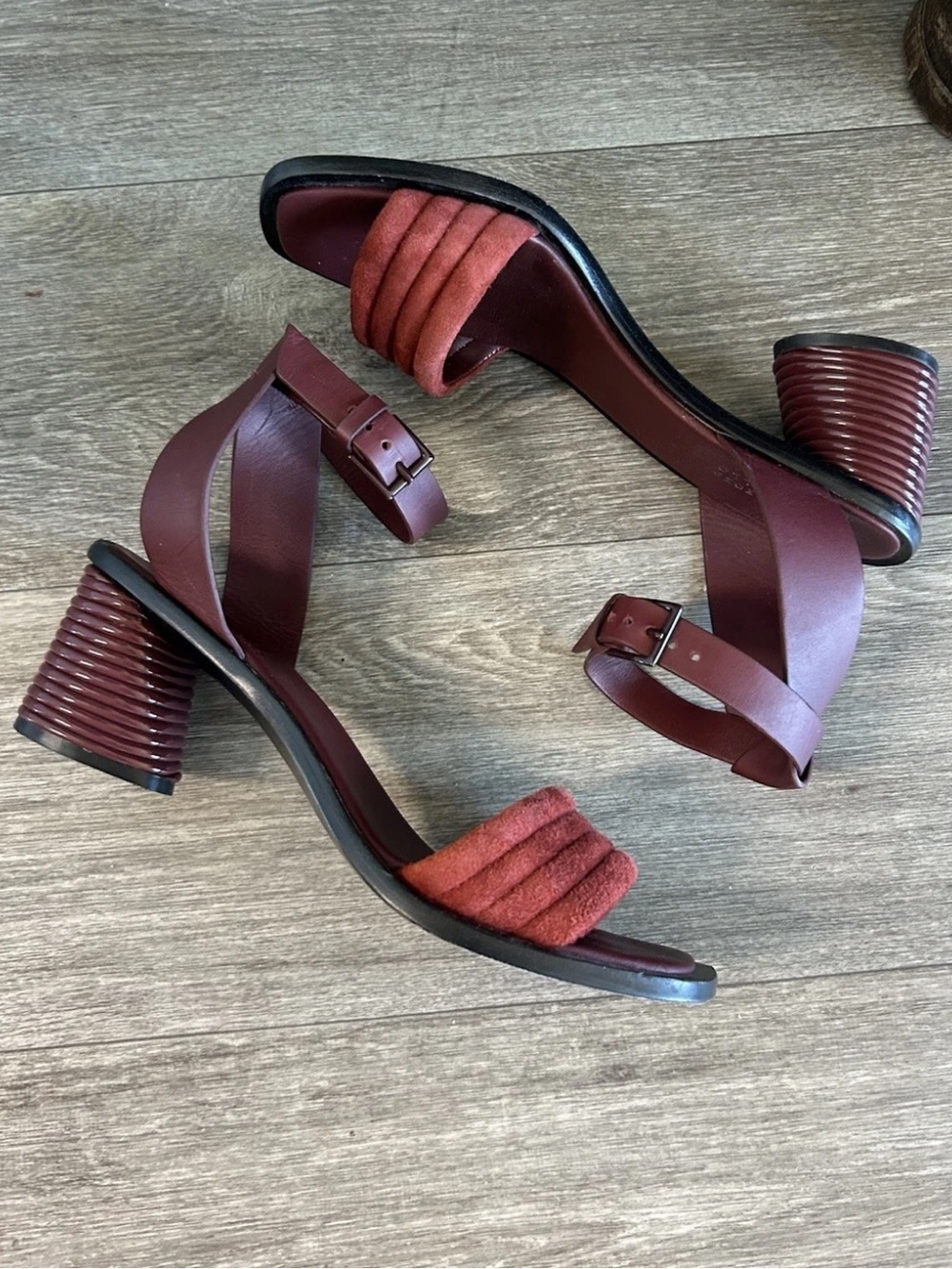 Mercedes Castillo Hiru Sandals 9.5 Burgundy Suede Leather Art Deco Heels